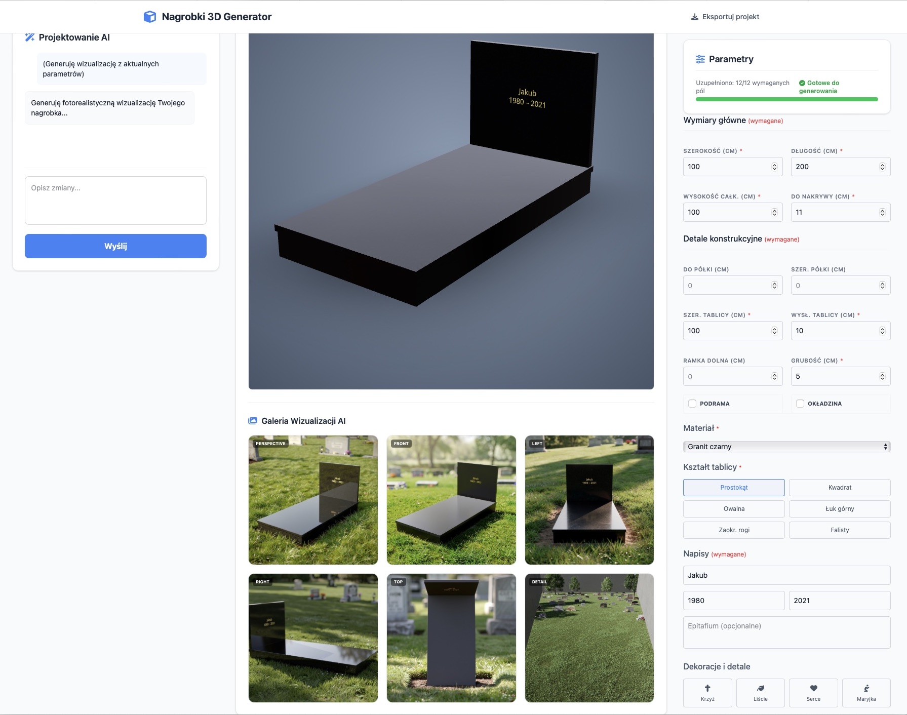 Przestrzeń robocza aplikacji AI Memorial Designer