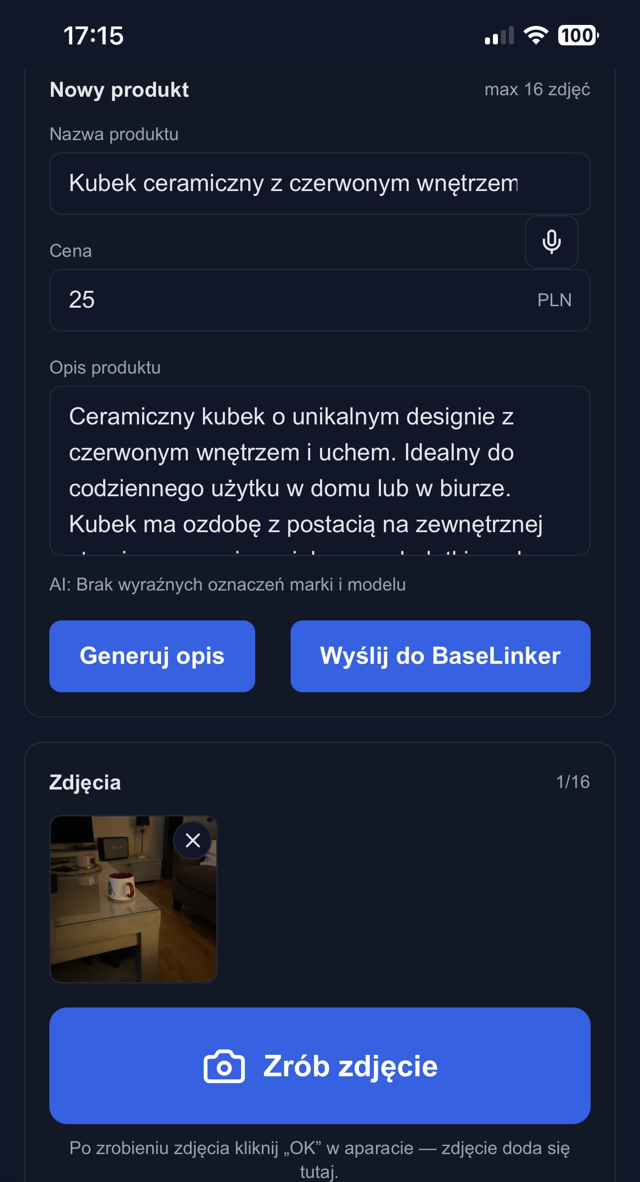 Strona BaseProductAdd z dodawaniem produktów wspieranym przez AI