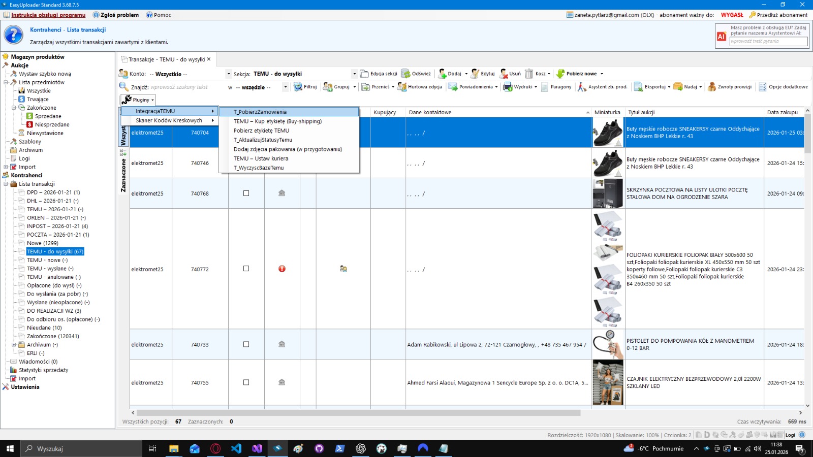 Menu integracji desktopowej EasyUploader TEMU Bridge