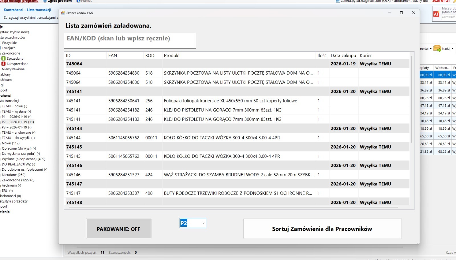 Załadowana lista kompletacji TEMU w EasyUploader