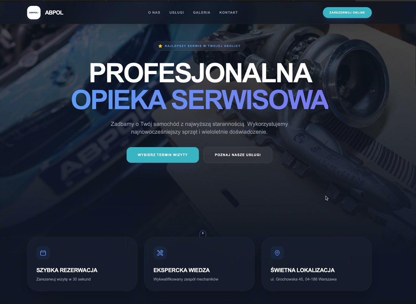 Ekran główny GarageFlow: strona warsztatu i SaaS do rezerwacji