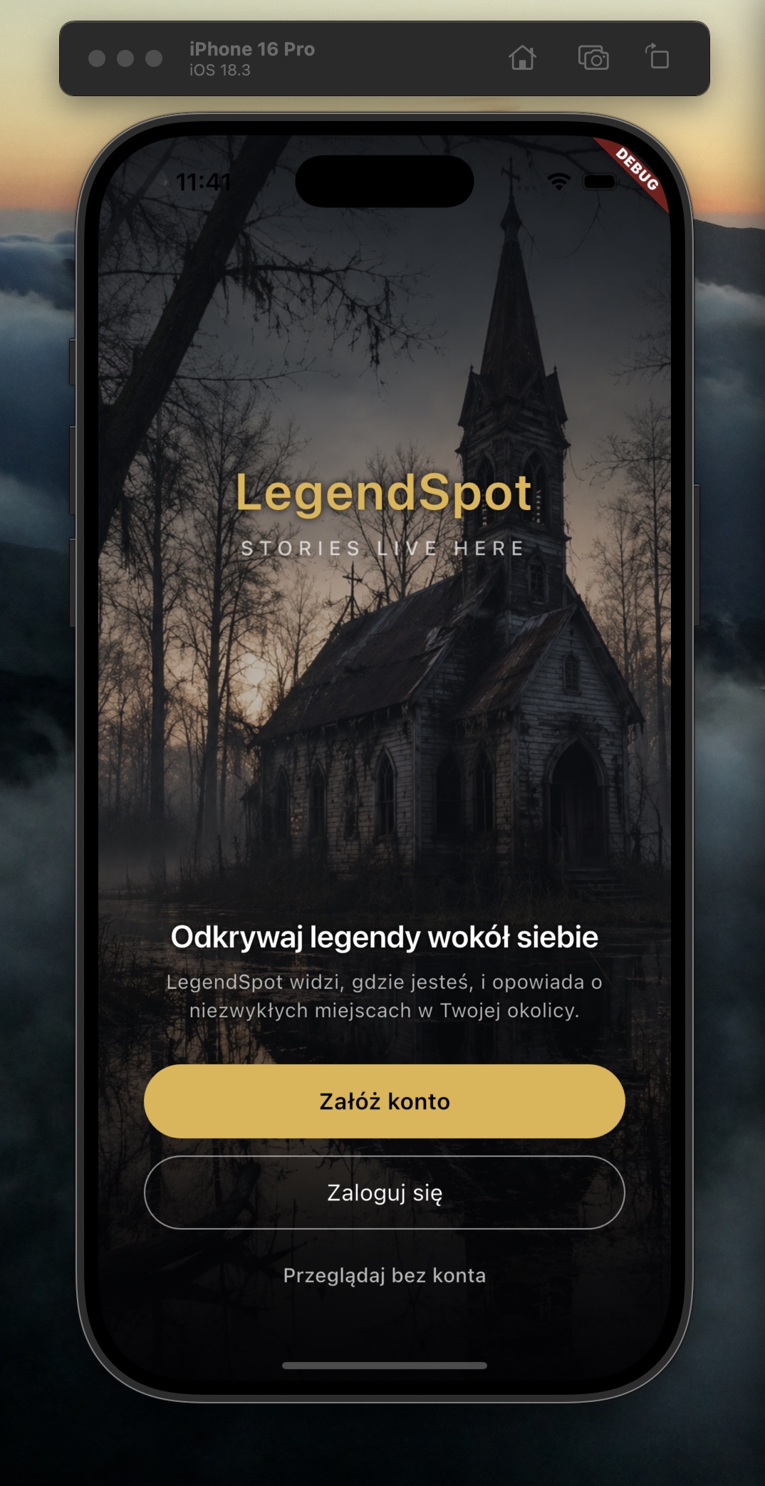 Markowy ekran startowy aplikacji LegendSpot