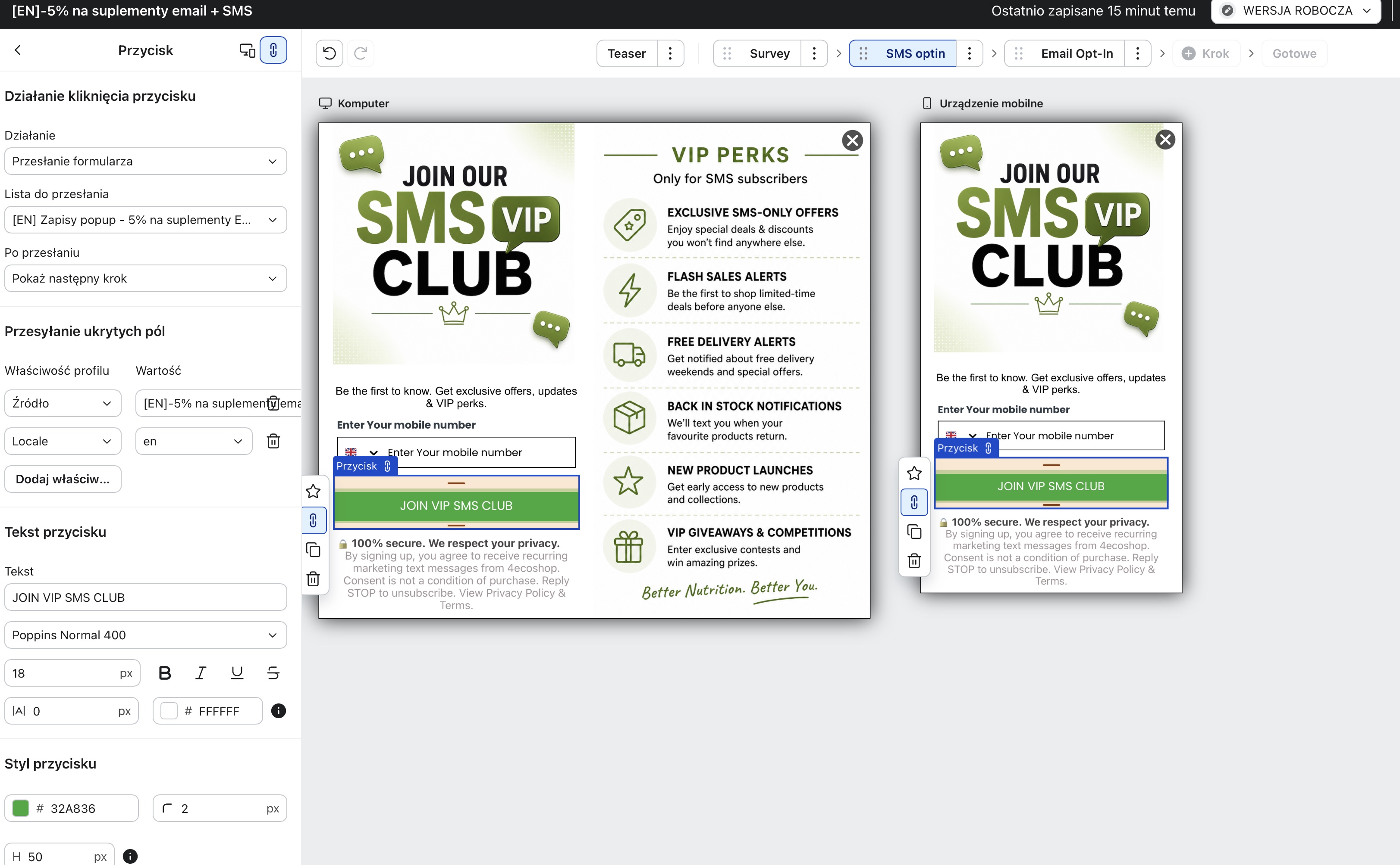 Kreator popupów Klaviyo z procesem zapisu na SMS