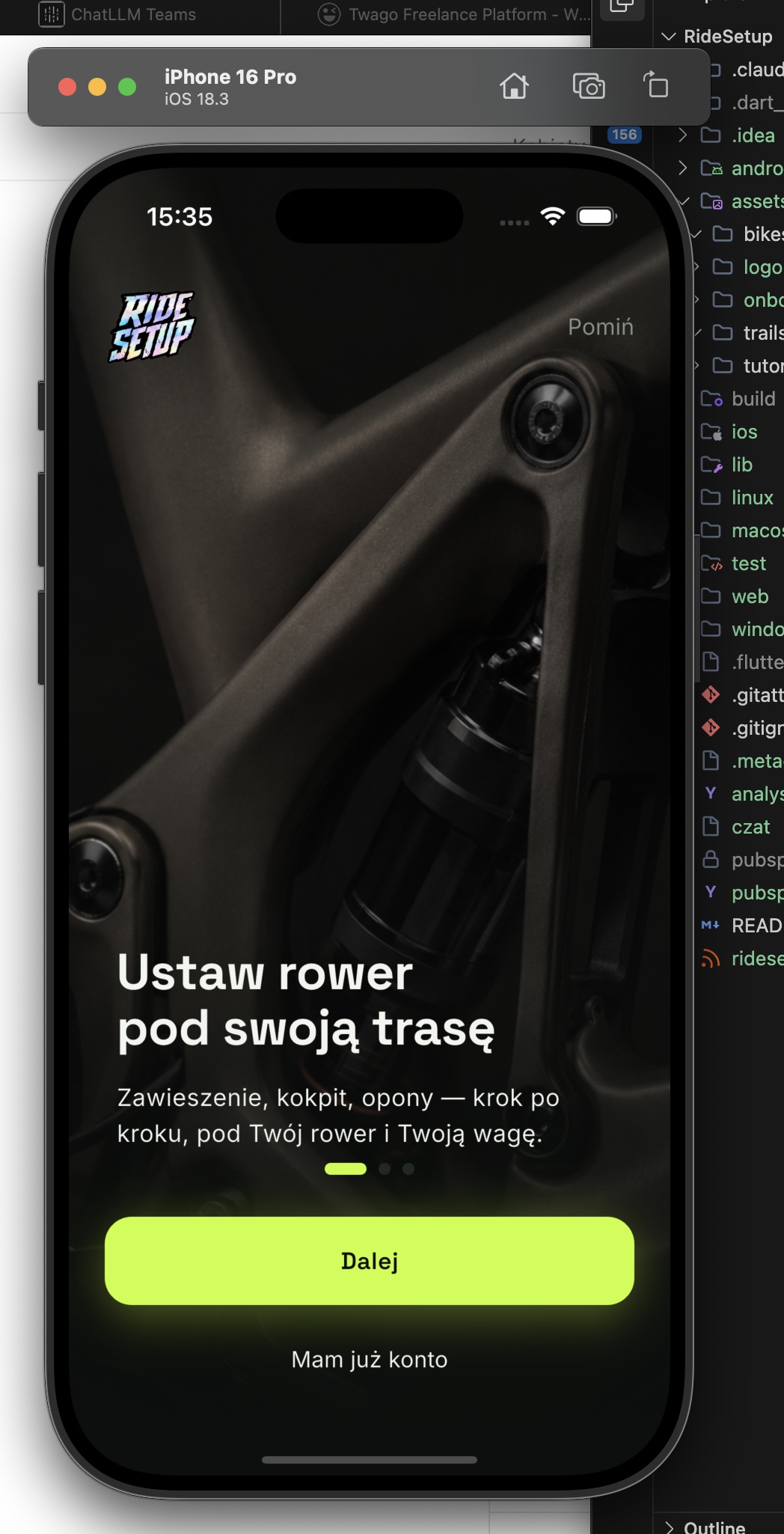 Ekran startowy RideSetup z poradnikiem ustawień roweru
