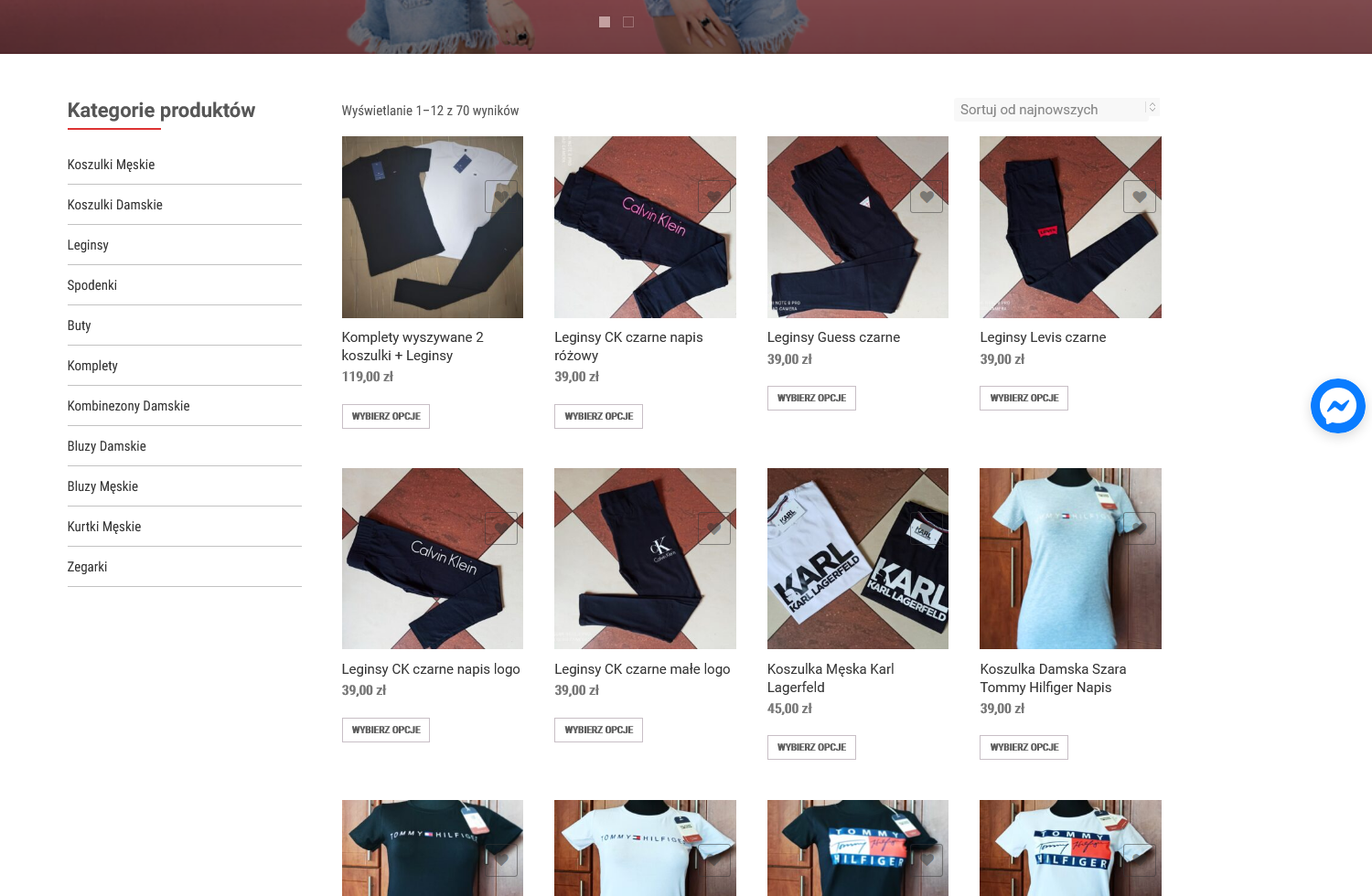 Boczny panel kategorii i układ katalogu odzieży w WooCommerce