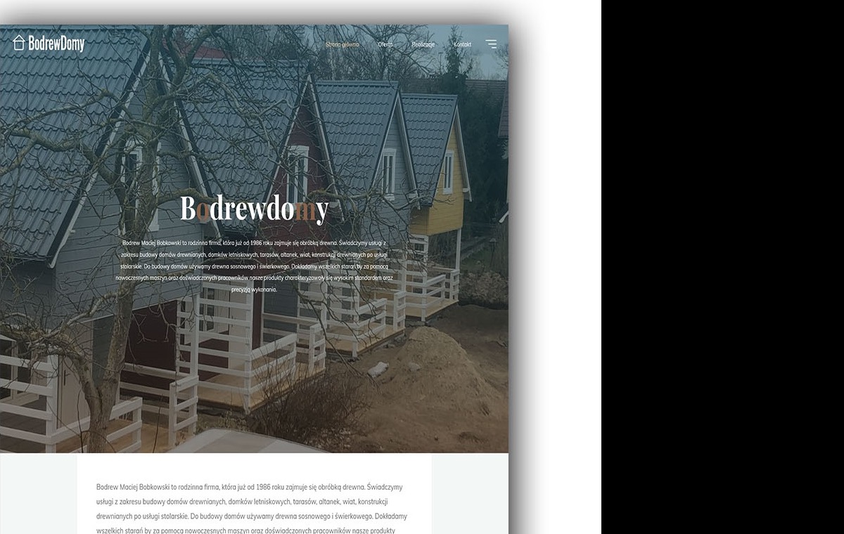 Sekcja główna strony WordPress firmy budującej domy drewniane